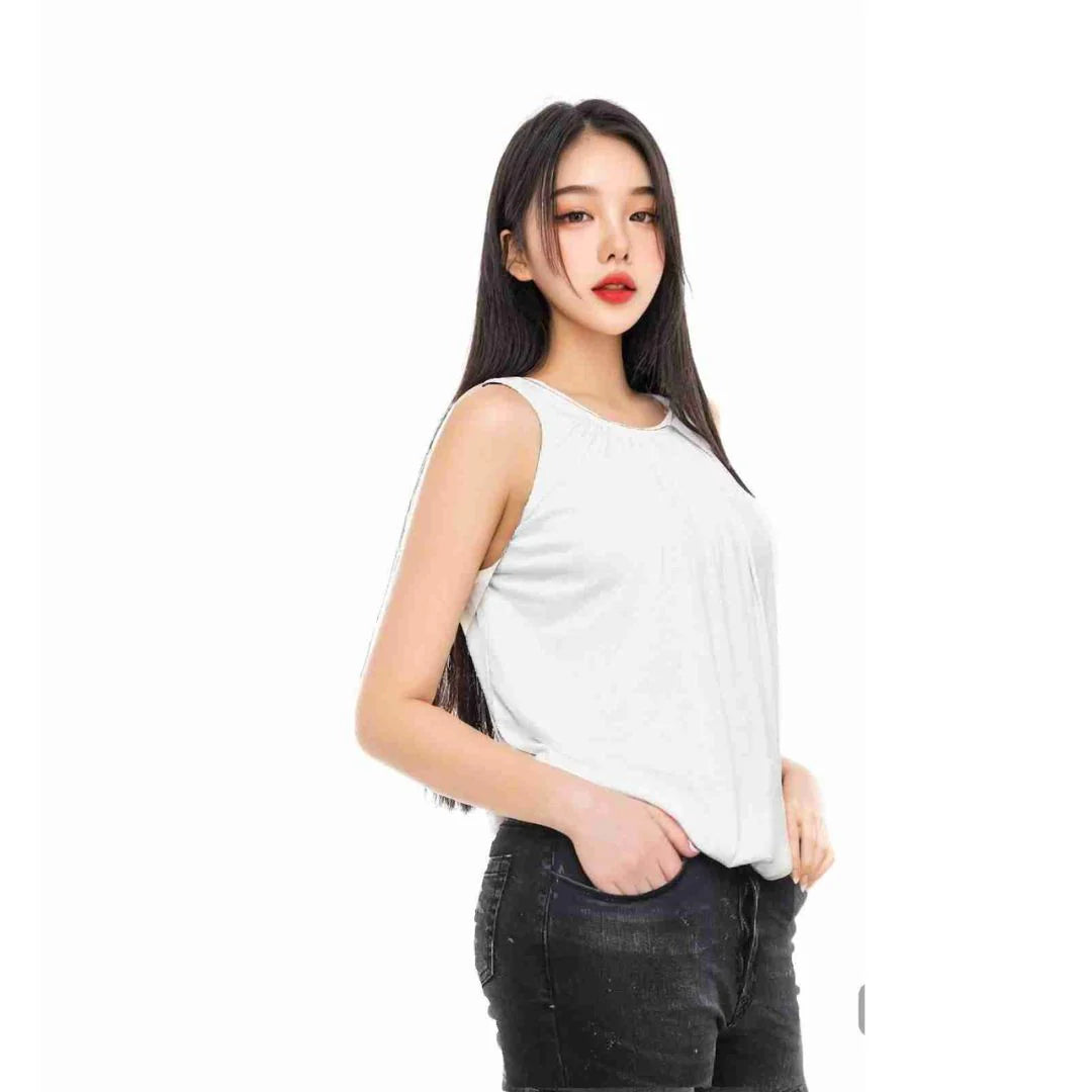 Women’s sleeveless bubble hem tank top in White color