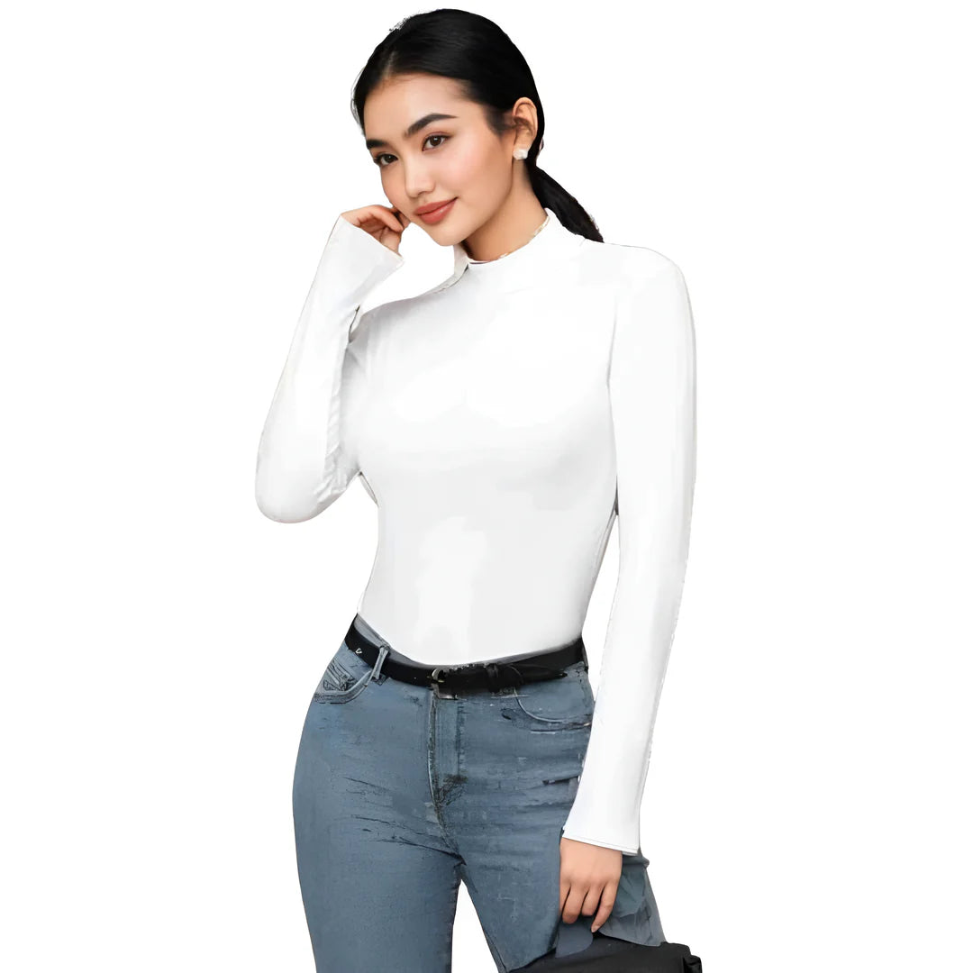 Women’s mock neck long sleeve bodysuit in White color