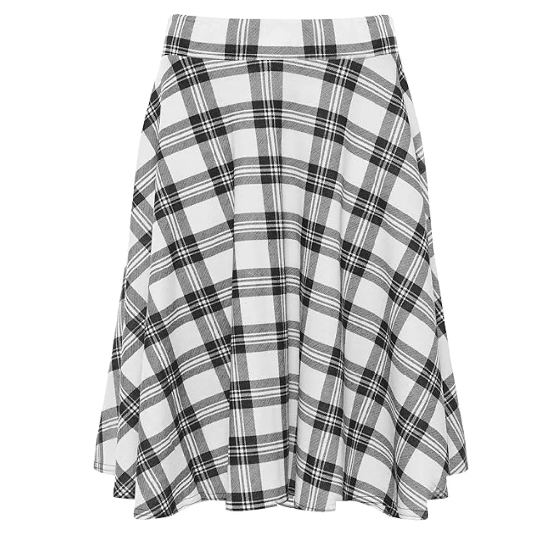 Ladies plain stretchy skater skirt in White Tartan color