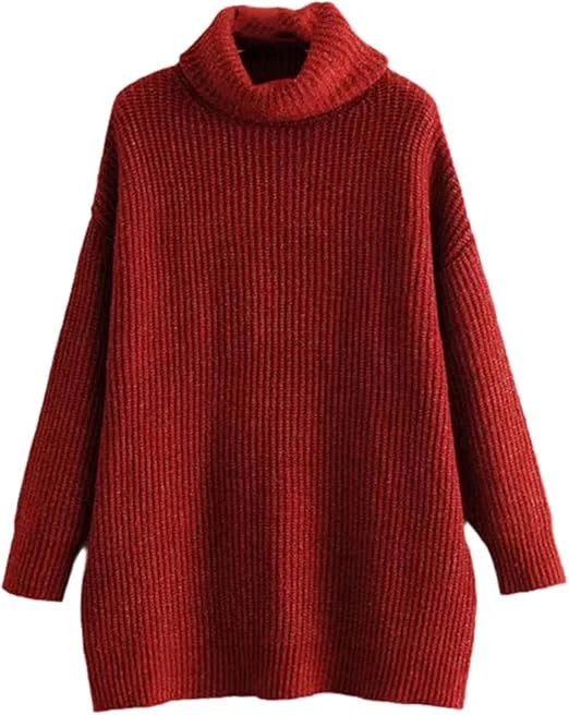 Women’s chunky knitted high roll neck jumper dress in wine color