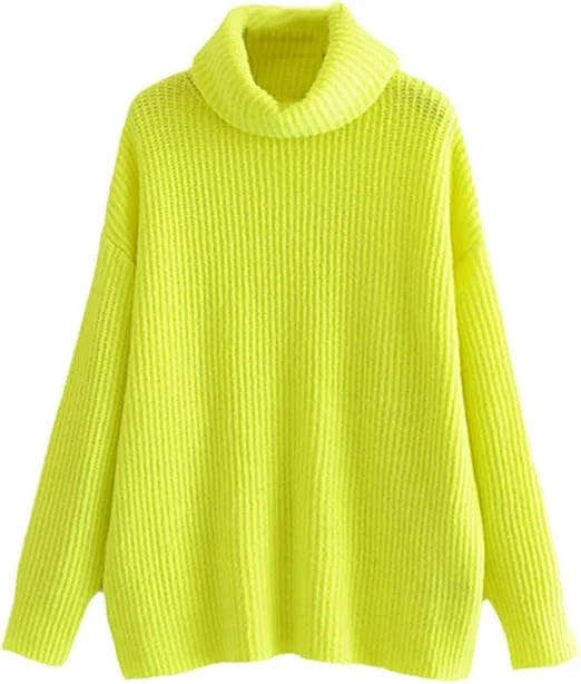 Women’s chunky knitted high roll neck jumper dress in yellow color